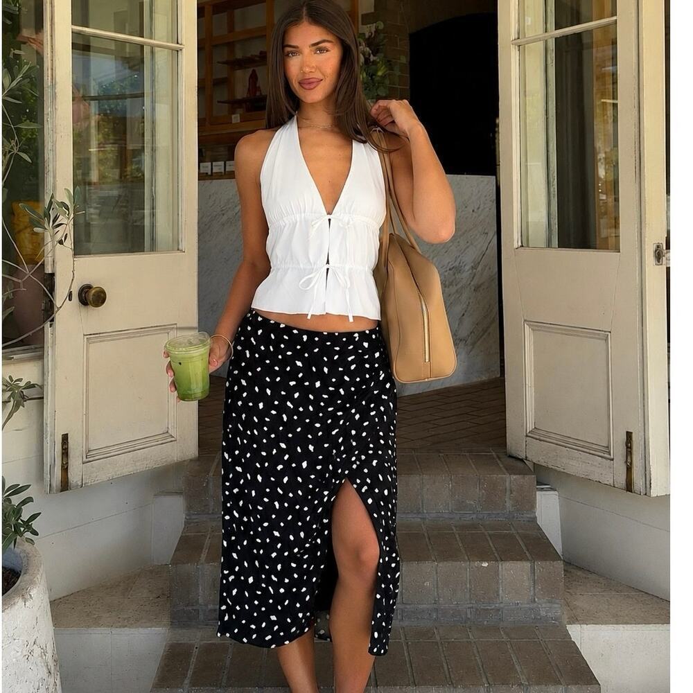 Abercrombie & Fitch Wrap Midi Skirt Black White Polka Dot XS Side Slit Women